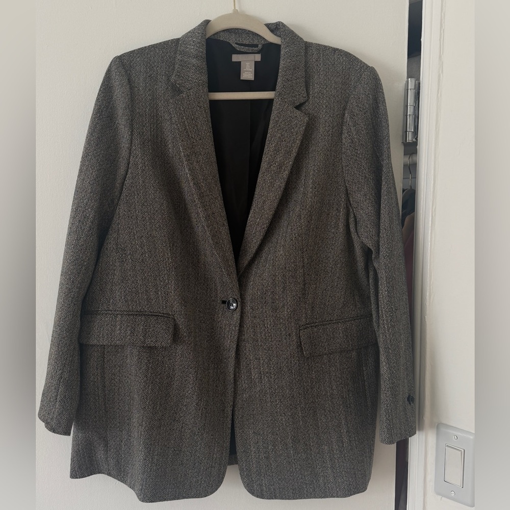 H&M Gray Herringbone Single-Button Blazer